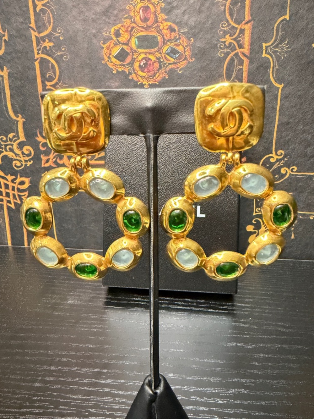 CHANEL 97 Gold Hoop Gripoix Drop Earrings with Green and Light Blue Gripox